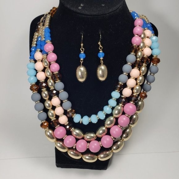 Multicolor Layered Beaded Necklace & Gold Drop Earrings – Statement Fashion Set - Picture 3 of 14